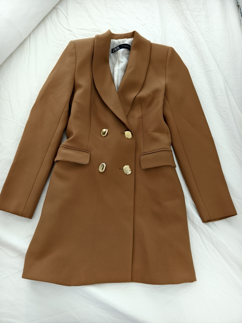 Zara Brown Double-Breasted Blazer Jacket with Gold Buttons